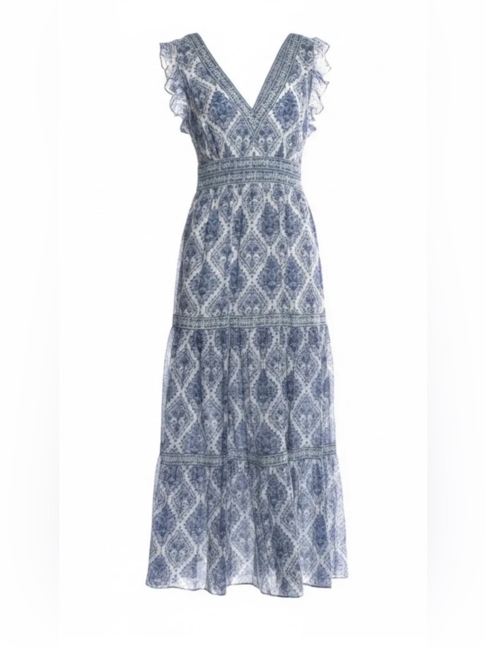 Intermix Blue Patterned V-Neck Maxi Dress Size 2